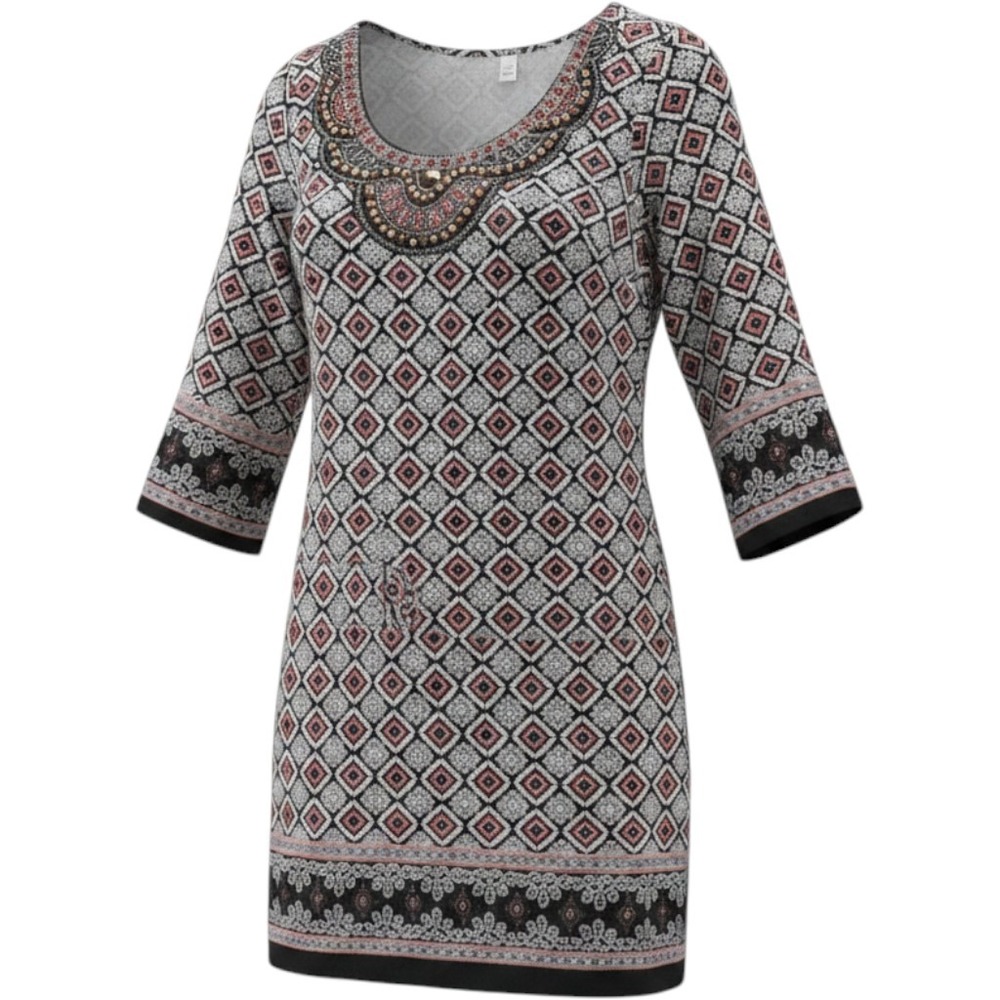 Harper Boho Geometric Beaded Tunic Dress Navy Coral 3/4 Sleeve Small